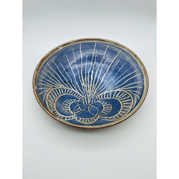 Marguerite Rost Studio Ceramic Bowl California MCM Sgrafitto Blue Starburst Sun - Picture 1 of 6